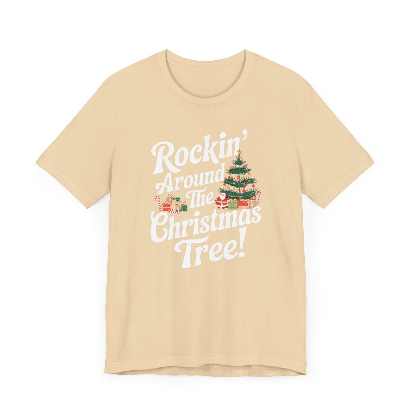 men & women christmas t-shirt. rocking around the christmas tree. unisex christmas t-shirt.