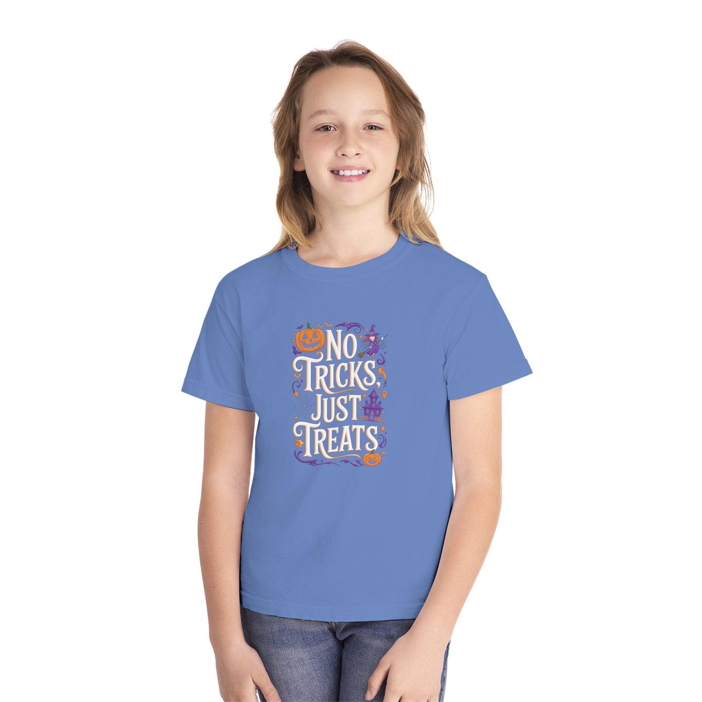 youth t-shirt, youth halloween t-shirt, no tricks just treats!