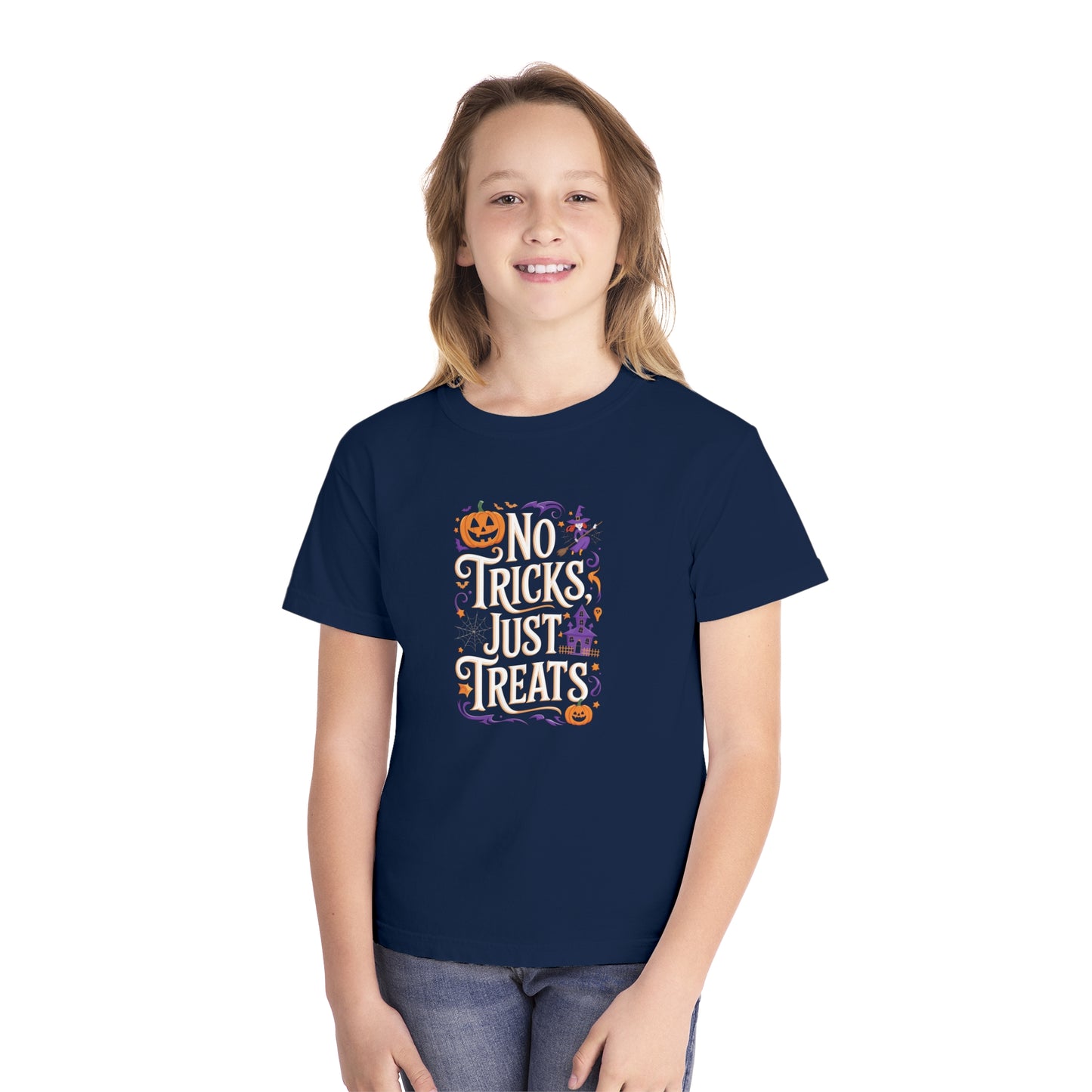 youth t-shirt, youth halloween t-shirt, no tricks just treats!