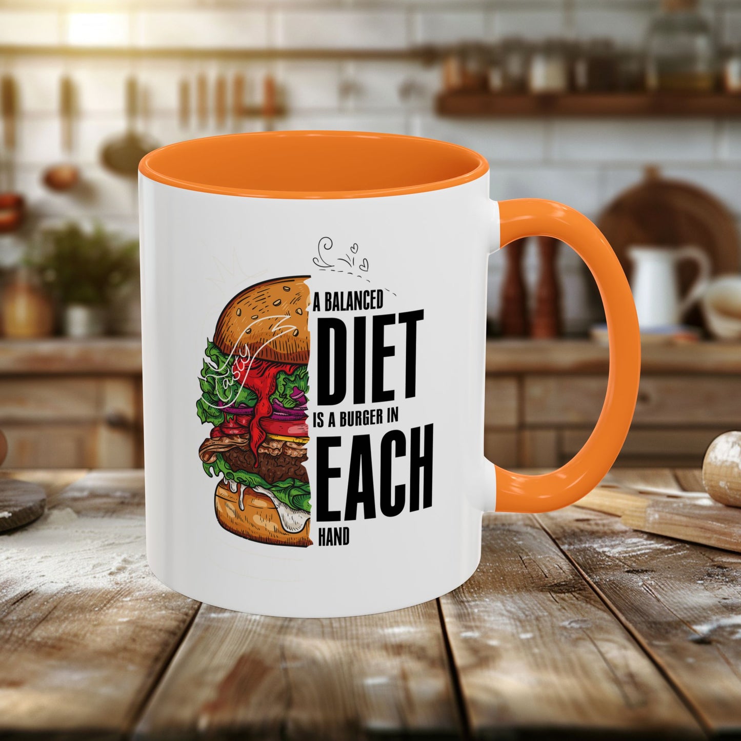 colorful mugs (11oz, 15oz) - a balanced diet is a burger in each hand - funny food quote