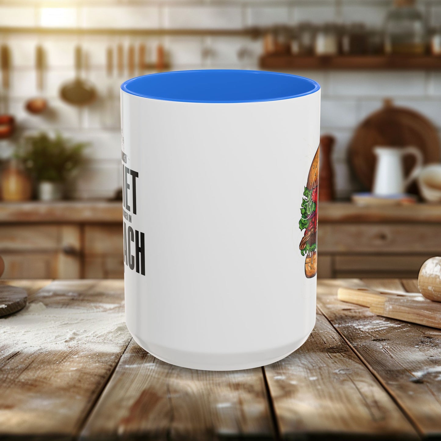 colorful mugs (11oz, 15oz) - a balanced diet is a burger in each hand - funny food quote