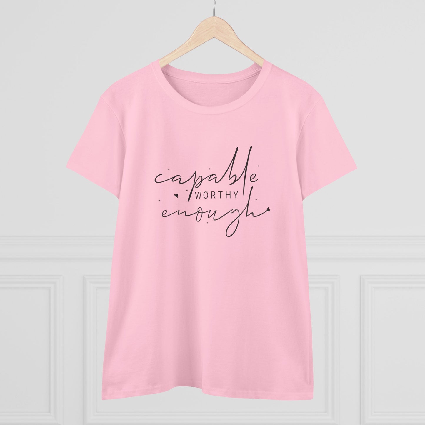 women's midweight cotton tee - capable, worth, enough - empowerment words