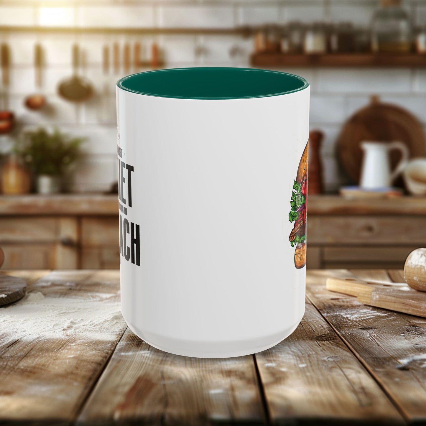 colorful mugs (11oz, 15oz) - a balanced diet is a burger in each hand - funny food quote