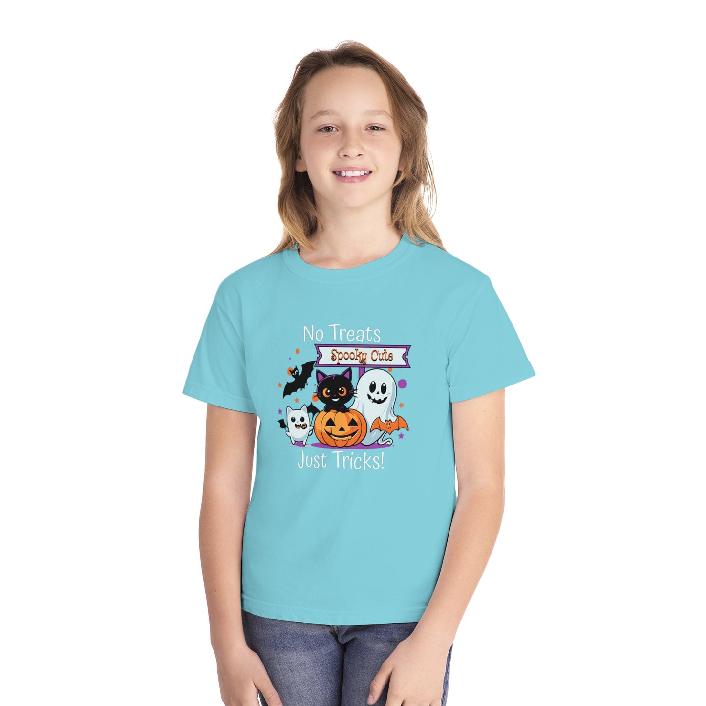 youth t-shirt, youth halloween t-shirt, no treats, just tricks!