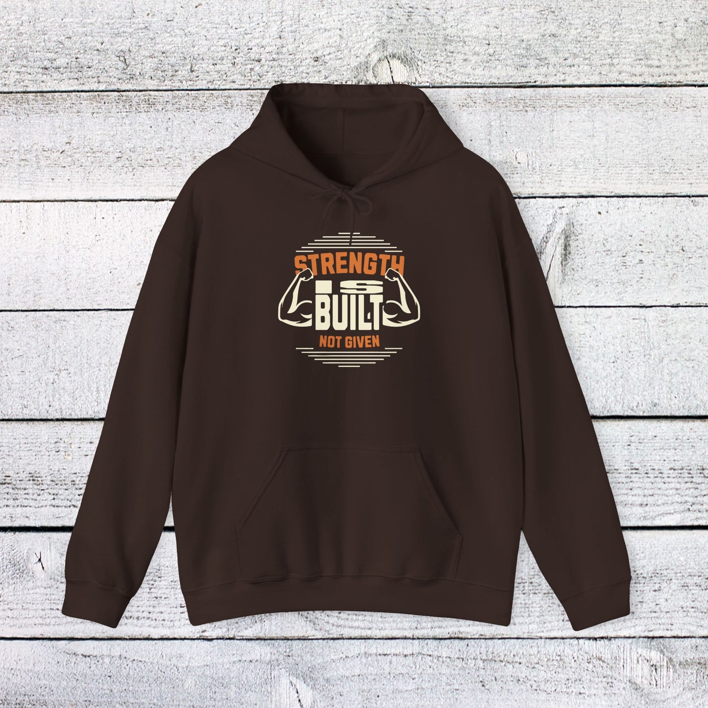 unisex heavy blend™ hooded sweatshirt - strength is built not given - motivational gym quote