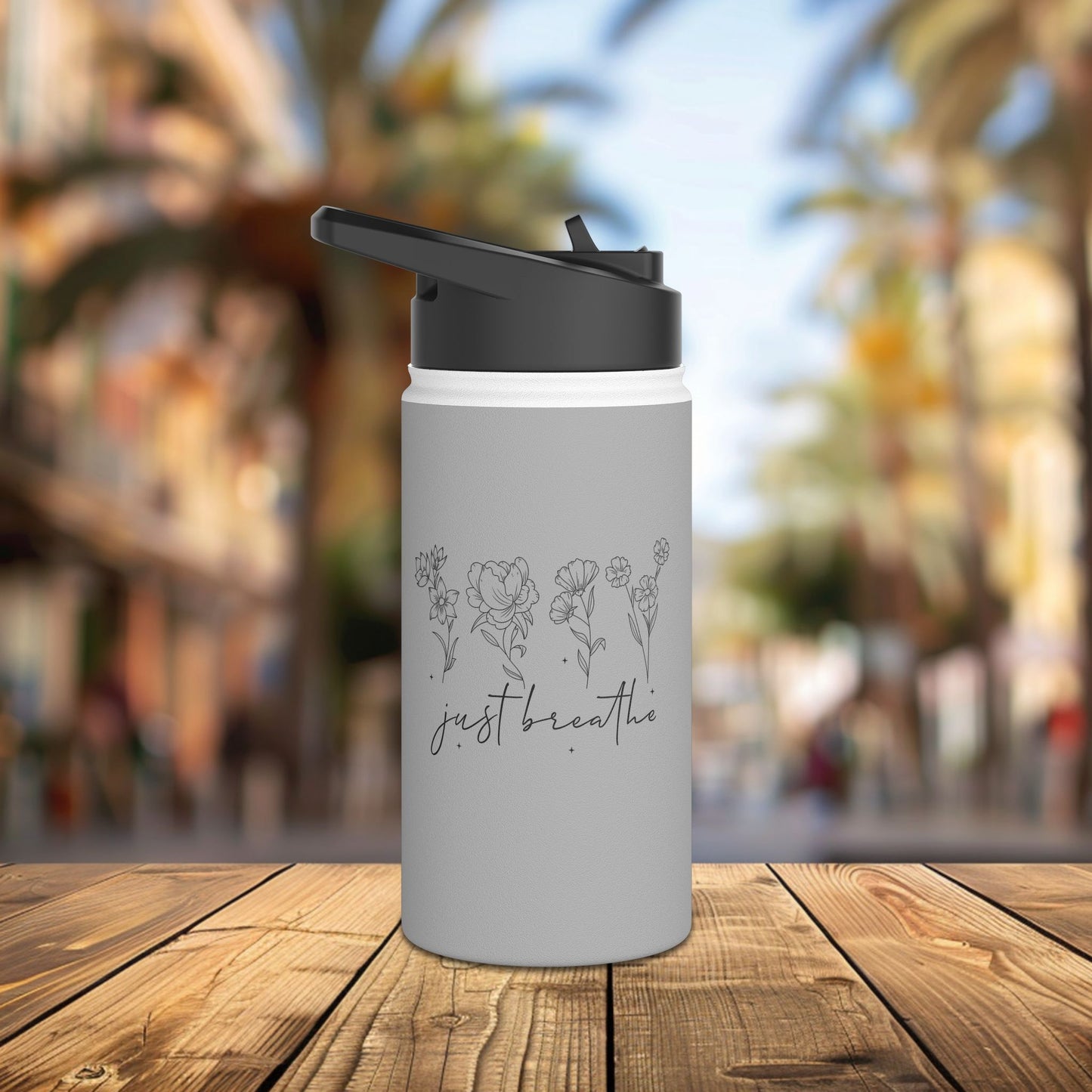 stainless steel water bottle, standard lid - just breathe - calm and mindful quote
