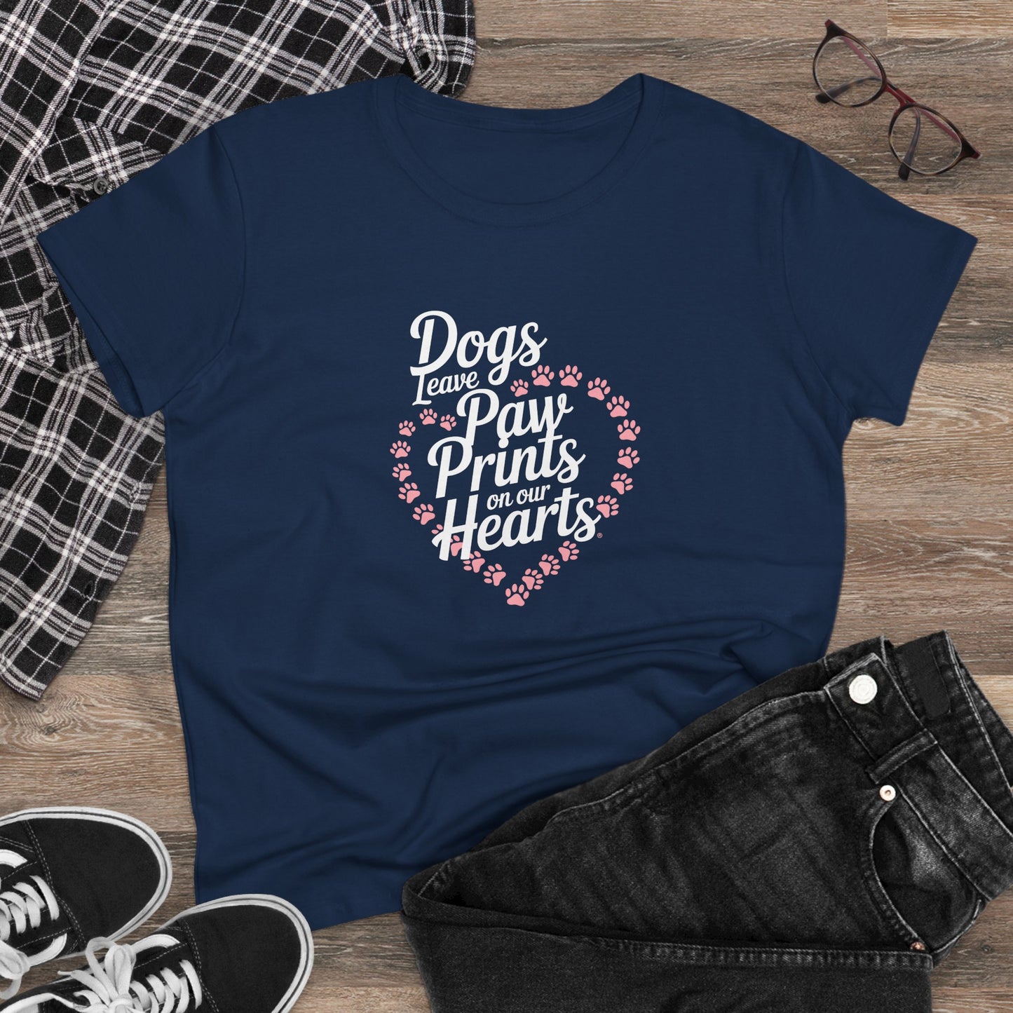 women's midweight cotton tee - dogs leave paw prints on our hearts | funny dog lover gift | cute pet quote design