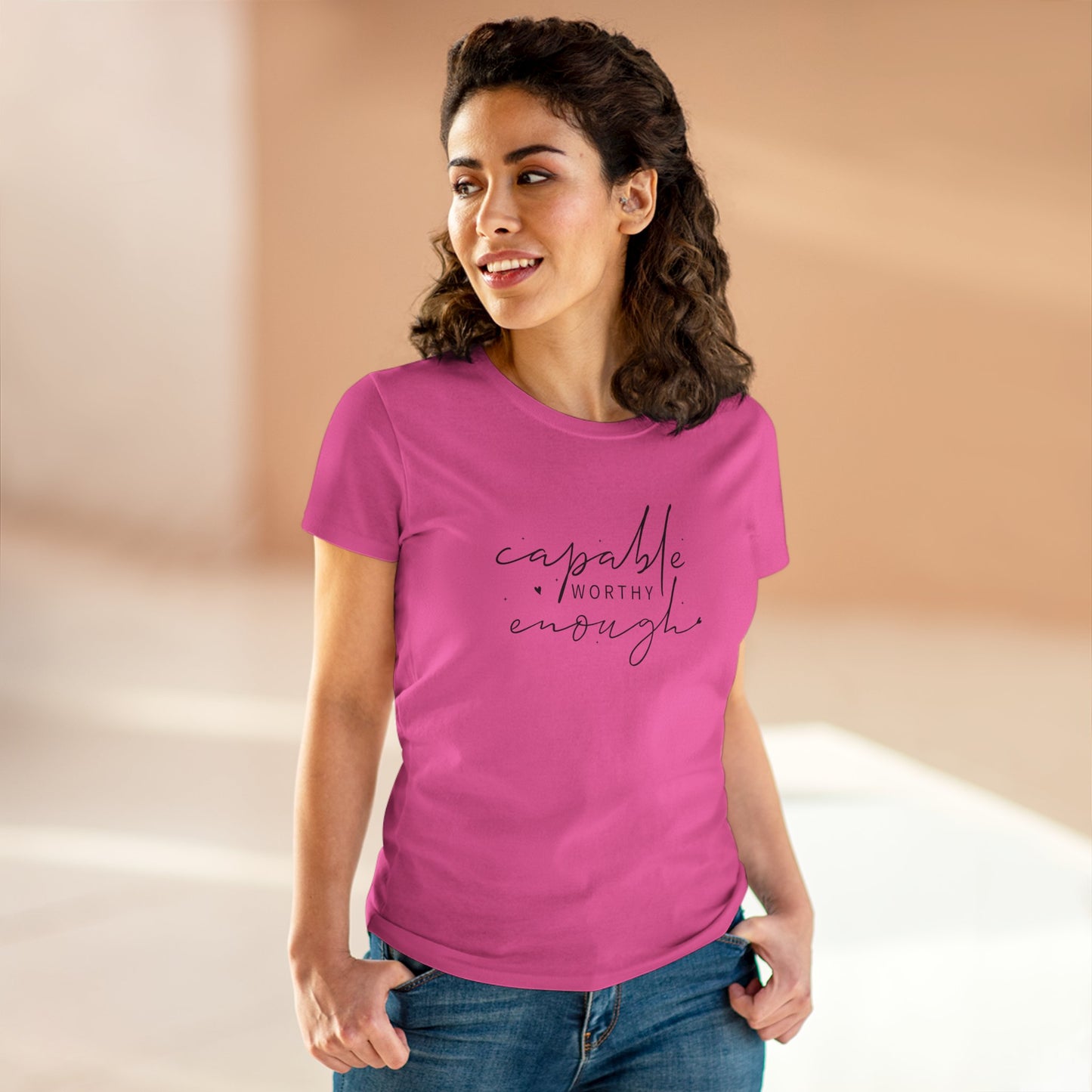 women's midweight cotton tee - capable, worth, enough - empowerment words