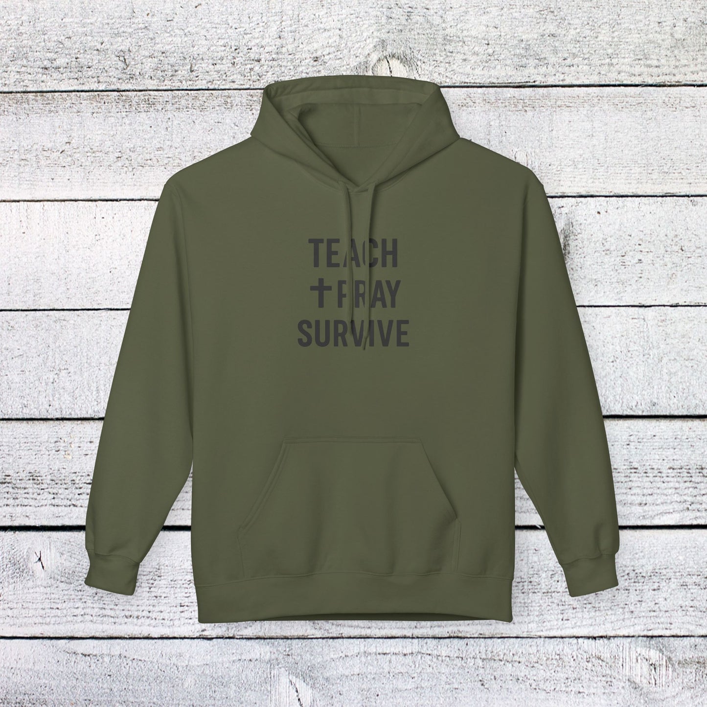unisex softstyle hoodie - teach, pray, survive design. teachers with attitude.