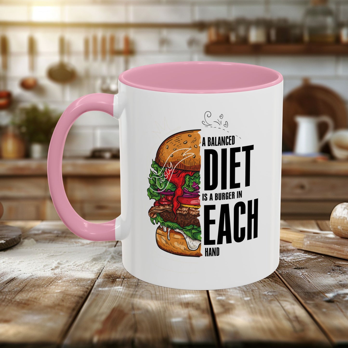 colorful mugs (11oz, 15oz) - a balanced diet is a burger in each hand - funny food quote