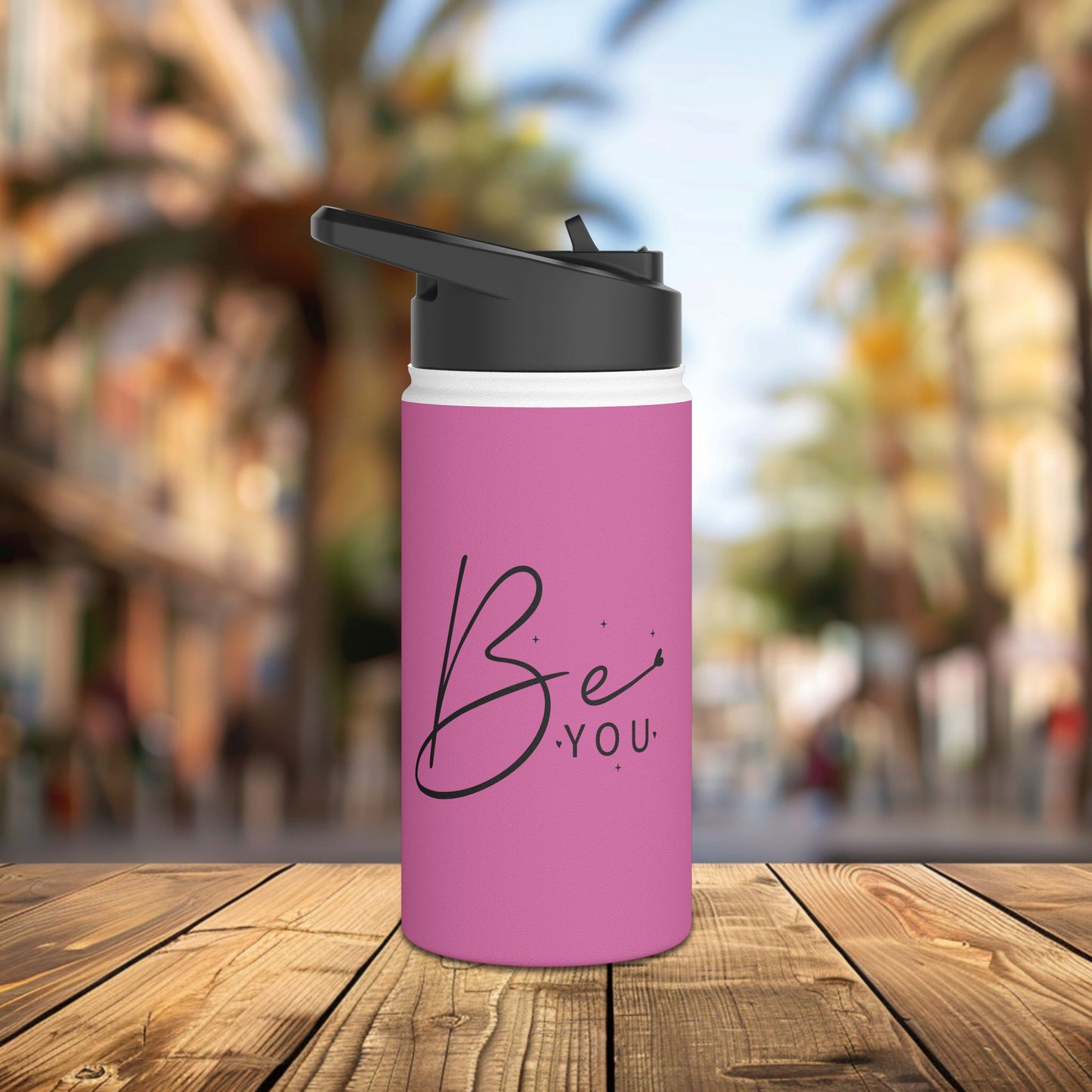 stainless steel water bottle, standard lid - be you - simple and powerful self-love quote