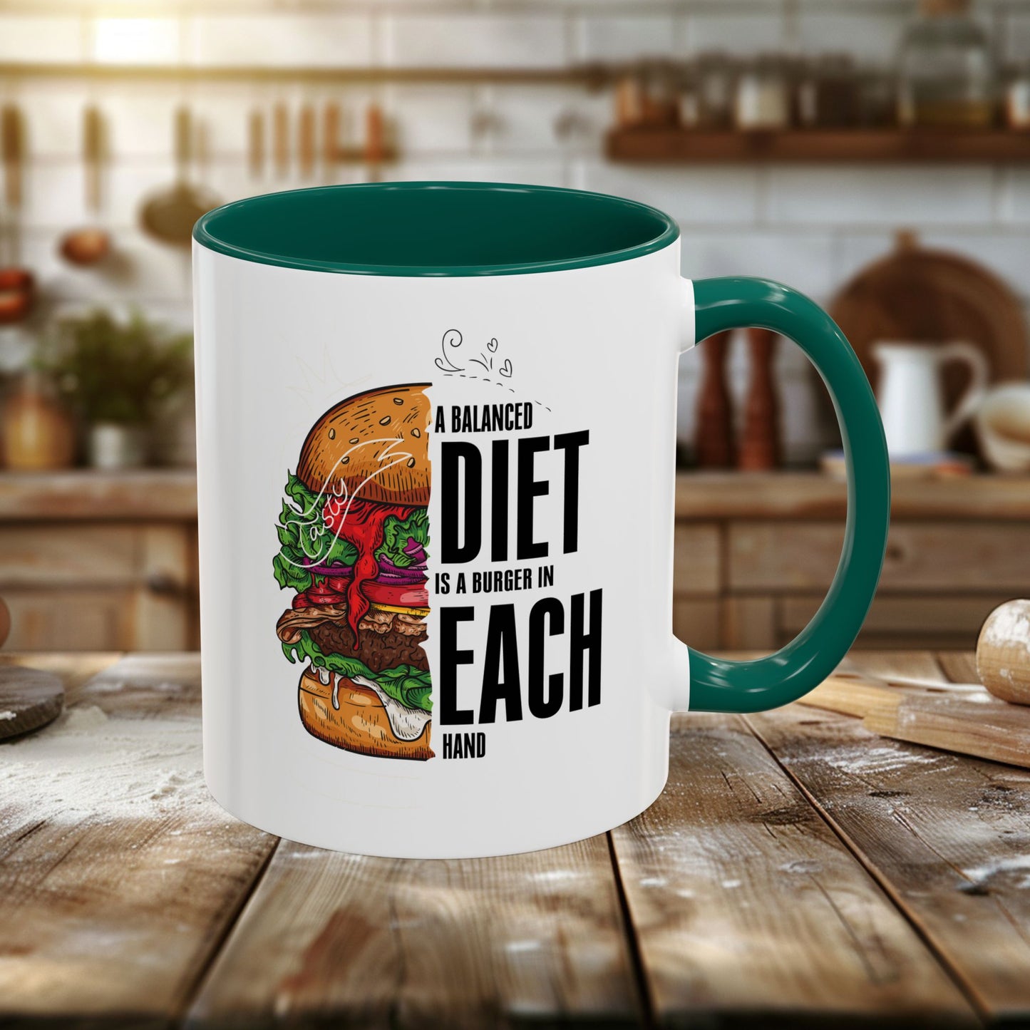 colorful mugs (11oz, 15oz) - a balanced diet is a burger in each hand - funny food quote