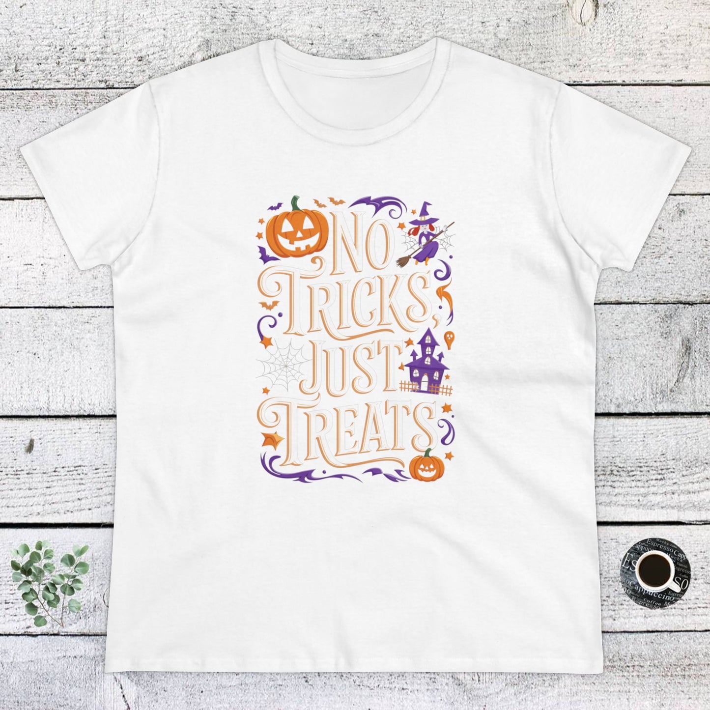 women's t-shirts, women's halloween tee, funny gift, no trick's just treats!