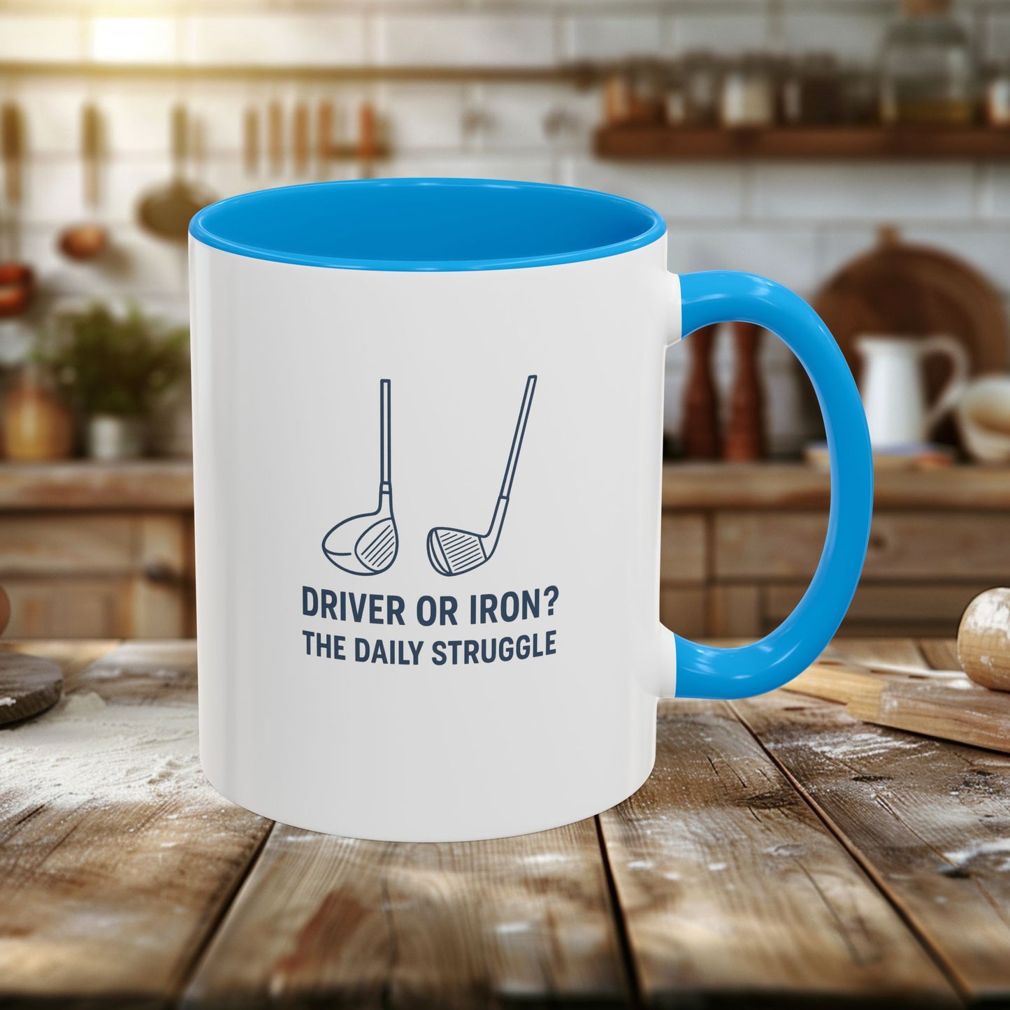 colorful golf mug - driver or iron? the daily struggle