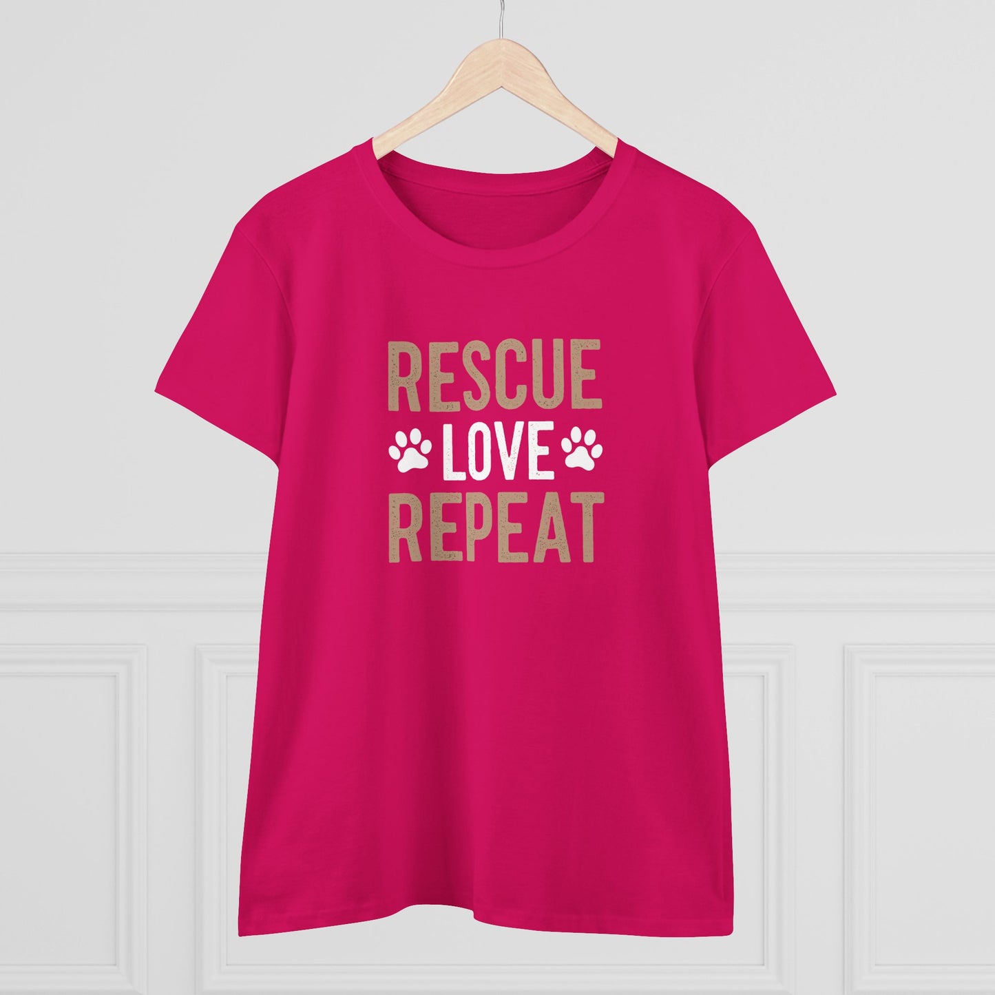 women's midweight cotton tee - rescue love repeat | funny dog lover gift | cute pet quote design