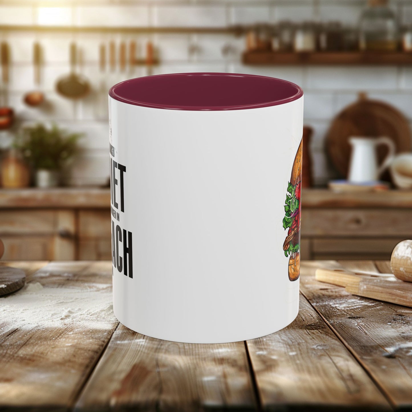 colorful mugs (11oz, 15oz) - a balanced diet is a burger in each hand - funny food quote