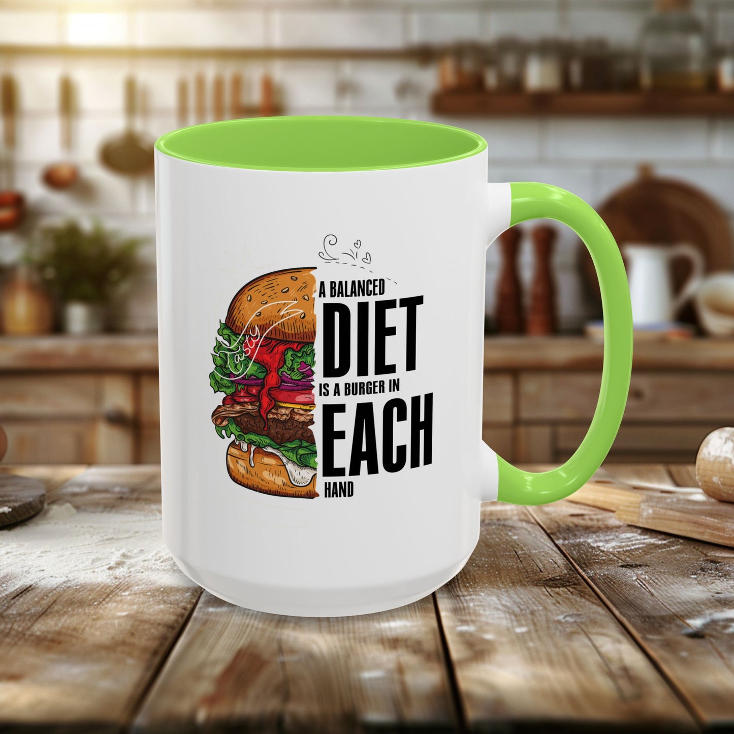 colorful mugs (11oz, 15oz) - a balanced diet is a burger in each hand - funny food quote