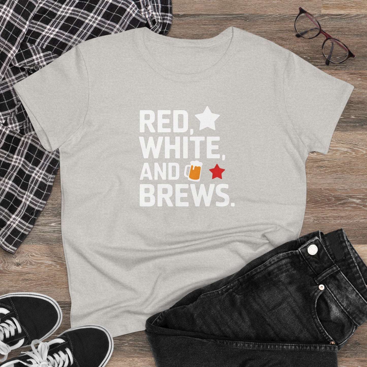 women's t-shirt, women's tee, funny gift, red white and brews!