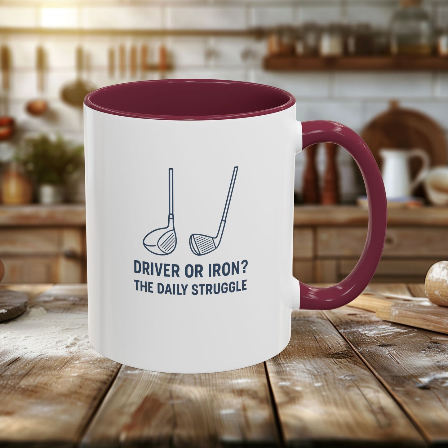colorful golf mug - driver or iron? the daily struggle