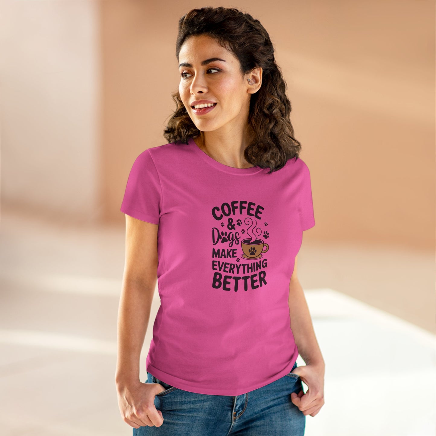 women's midweight cotton tee - coffee and dogs make everything better | funny dog lover gift | cute pet quote design