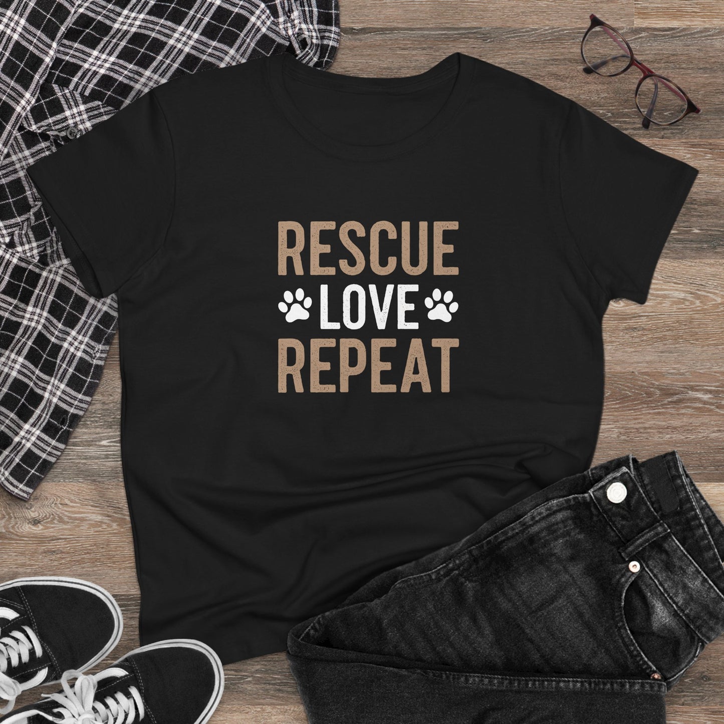 women's midweight cotton tee - rescue love repeat | funny dog lover gift | cute pet quote design