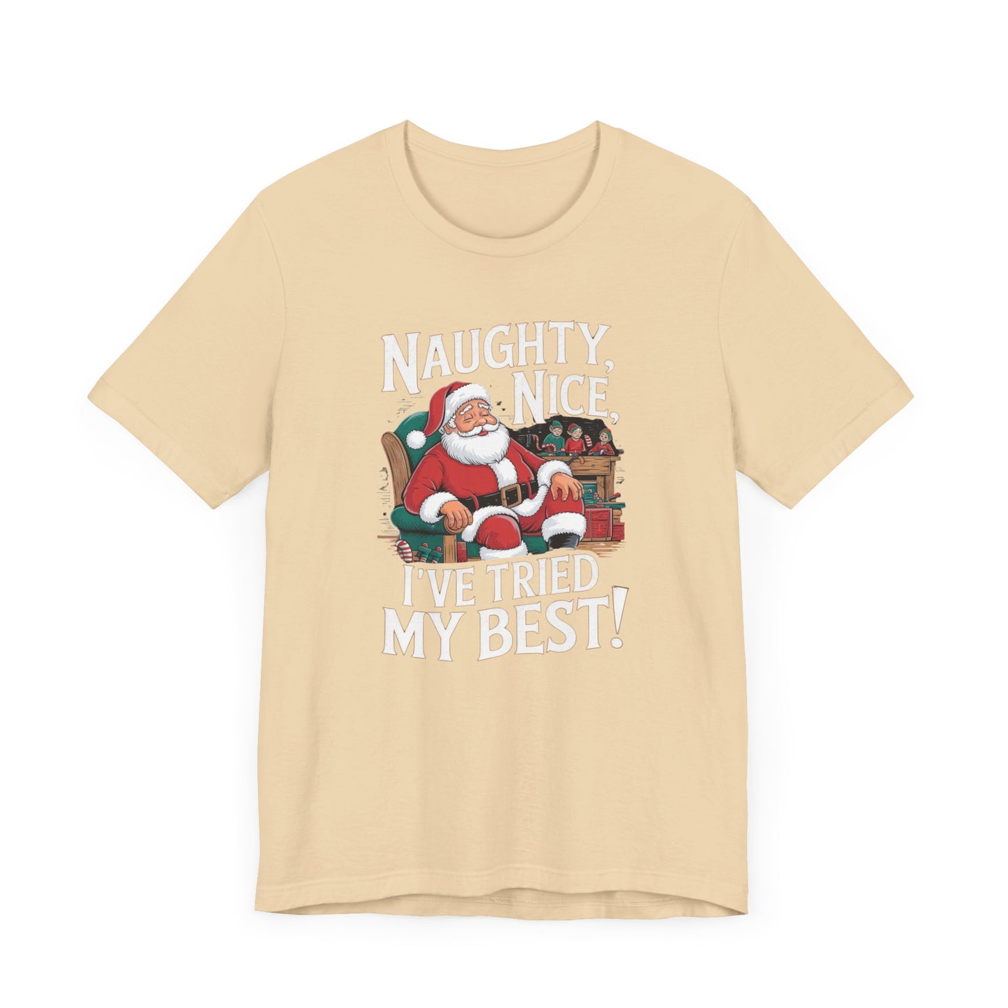 men & women christmas t-shirt. naughty, nice, tried my best. unisex christmas t-shirt.