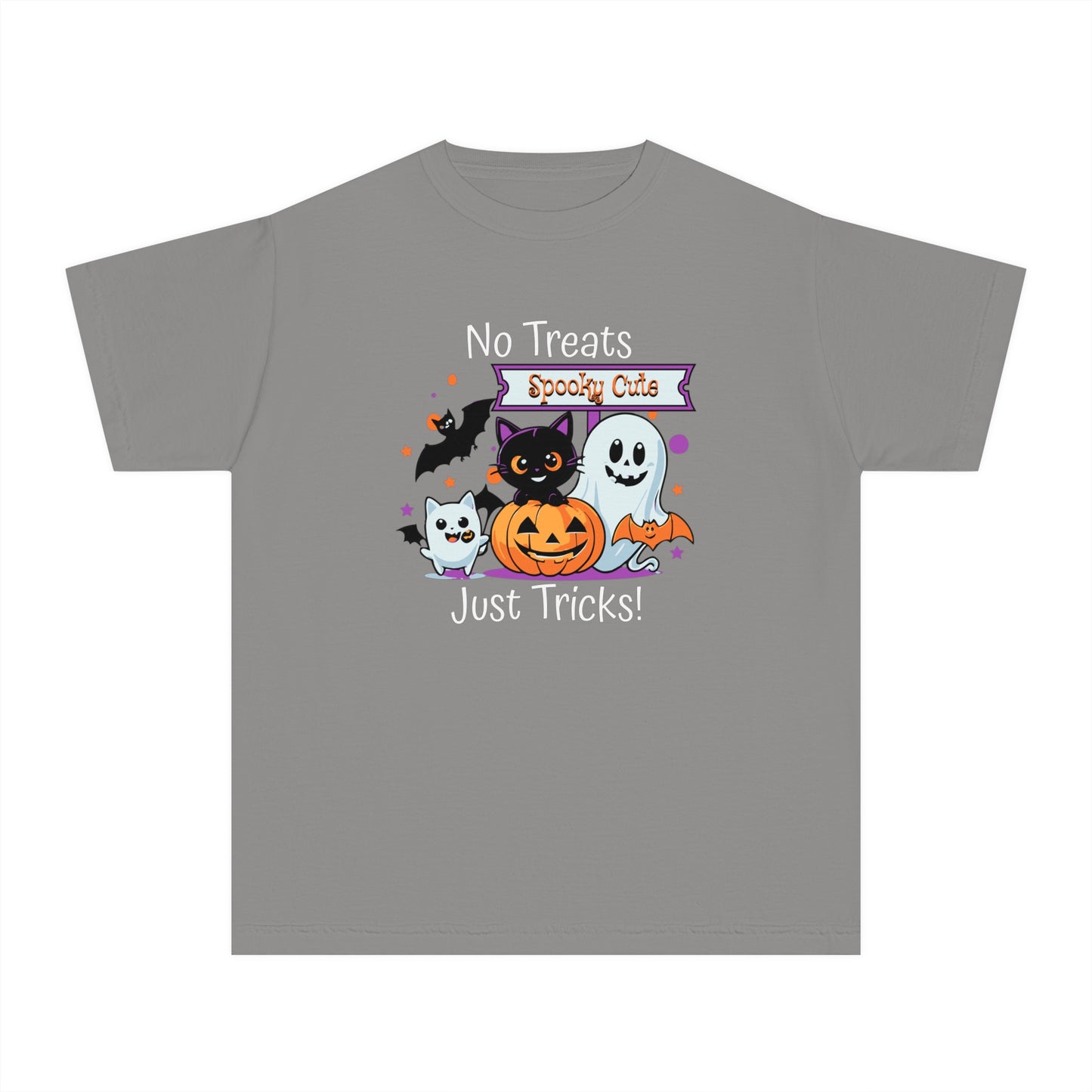 youth t-shirt, youth halloween t-shirt, no treats, just tricks!