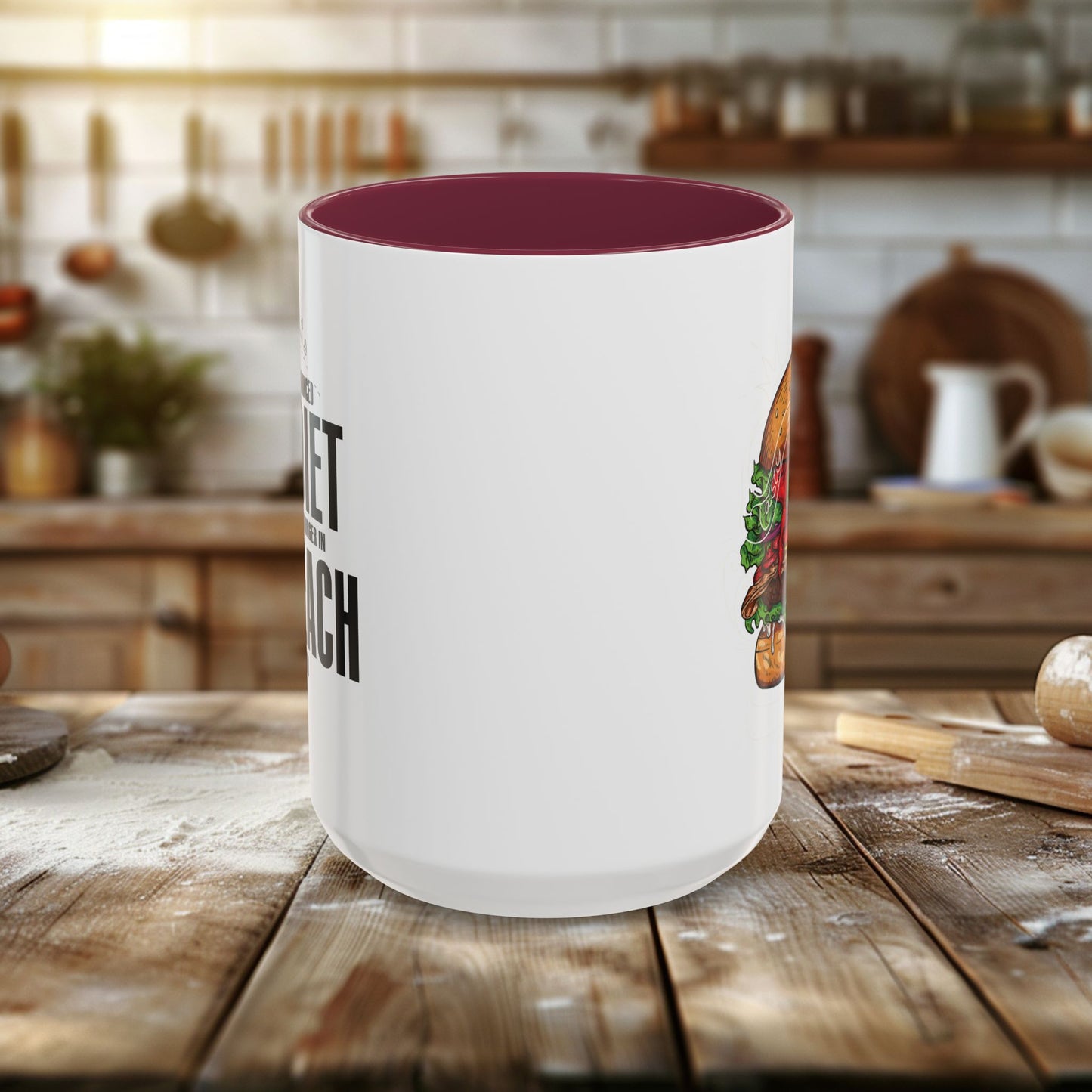 colorful mugs (11oz, 15oz) - a balanced diet is a burger in each hand - funny food quote