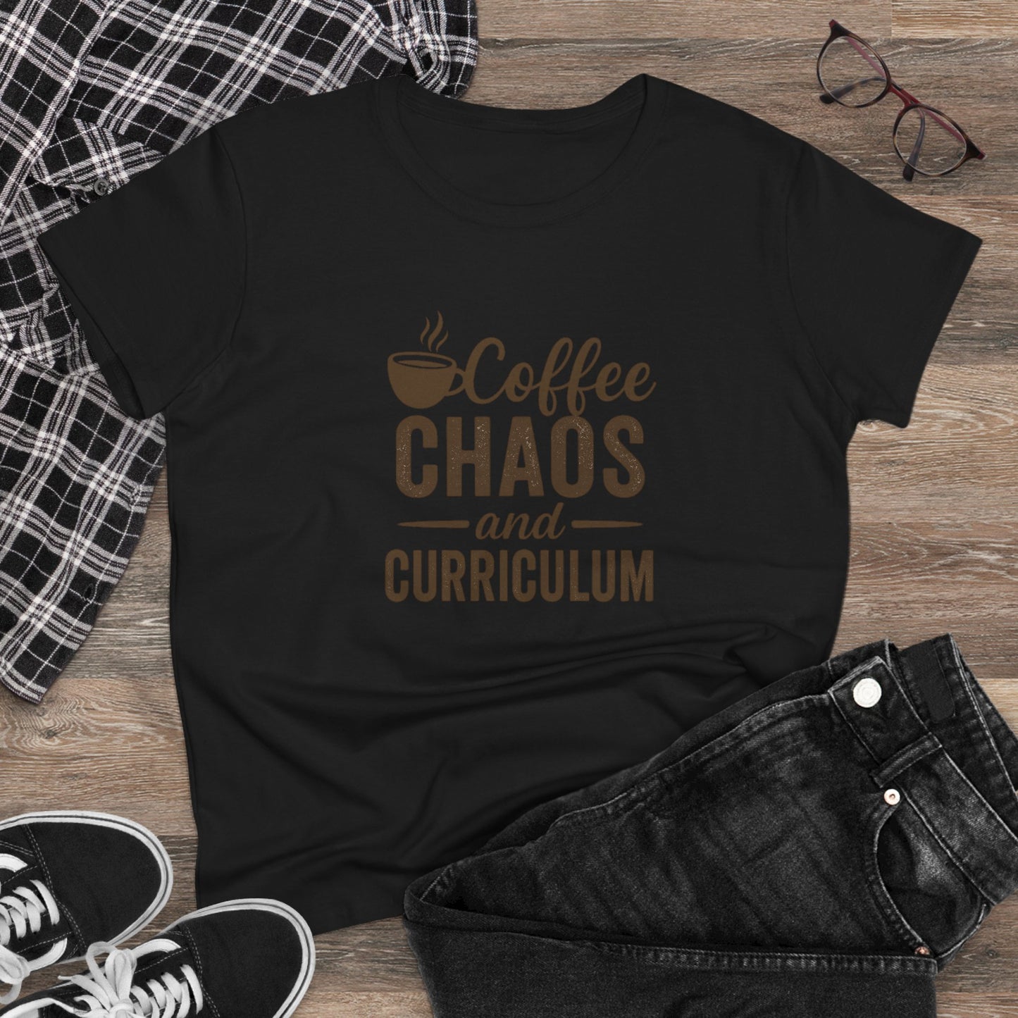 women's cotton tee - teachers with attitude. coffee chaos and curriculum design