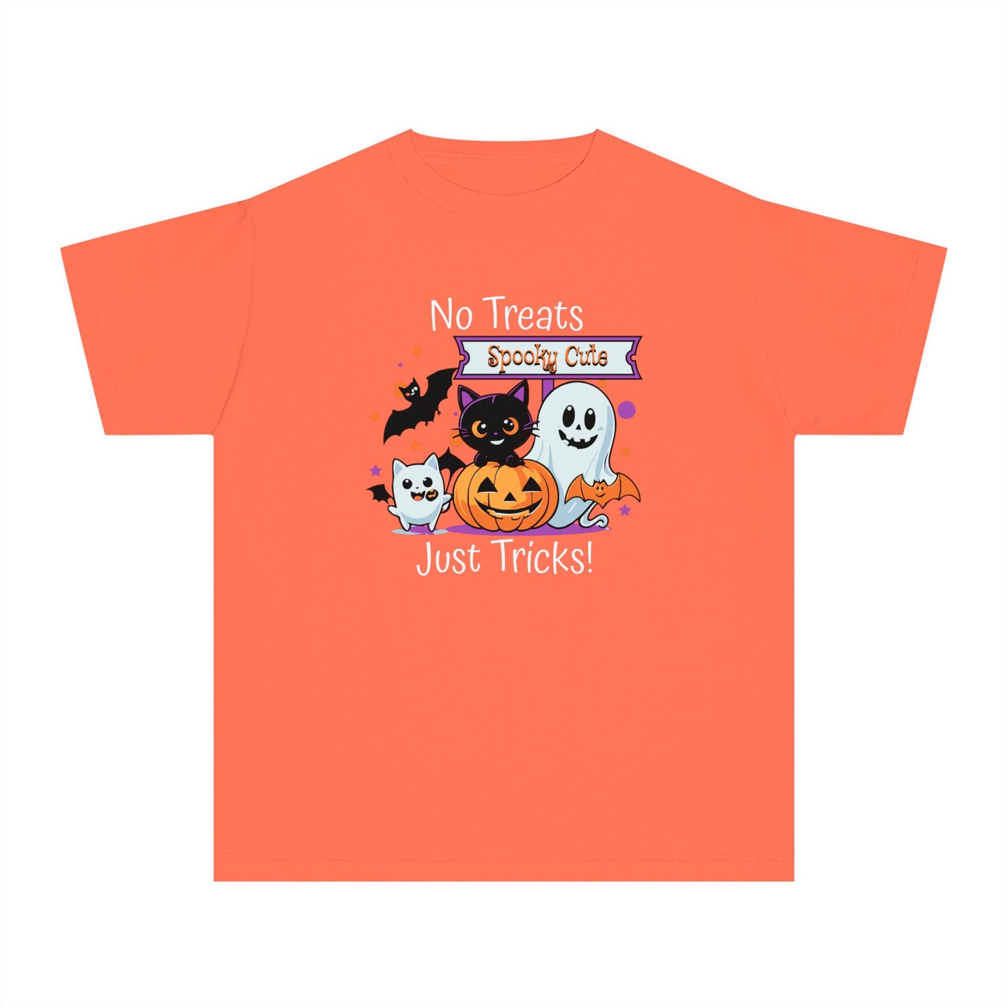 youth t-shirt, youth halloween t-shirt, no treats, just tricks!