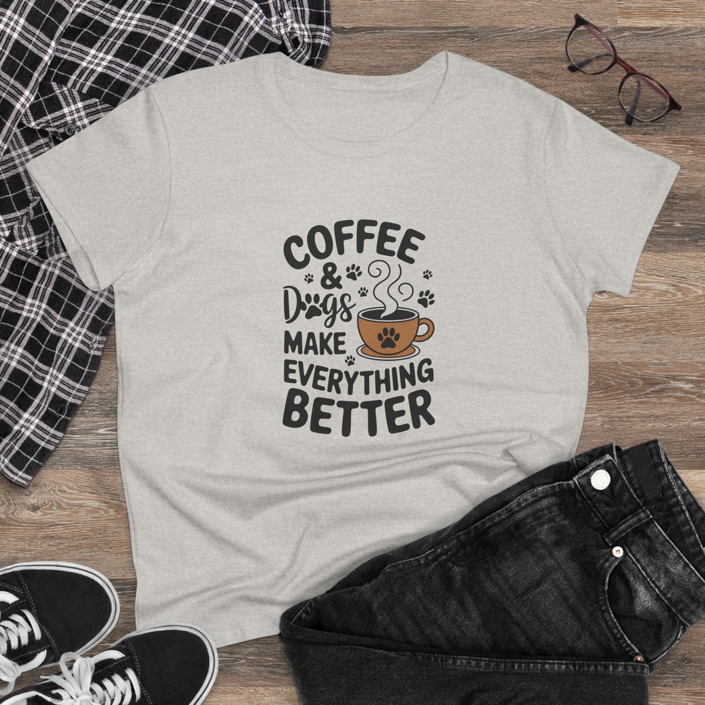 women's midweight cotton tee - coffee and dogs make everything better | funny dog lover gift | cute pet quote design