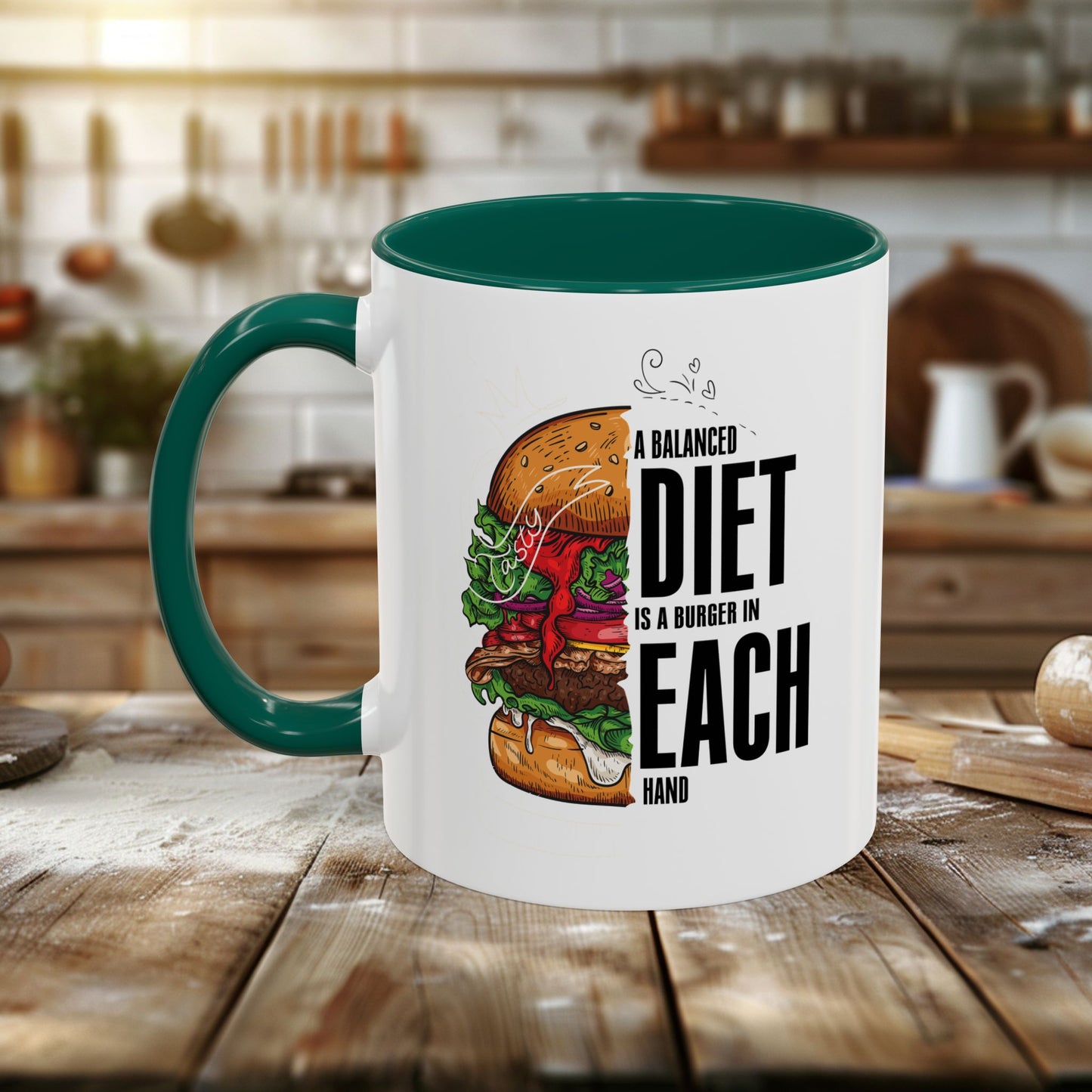 colorful mugs (11oz, 15oz) - a balanced diet is a burger in each hand - funny food quote