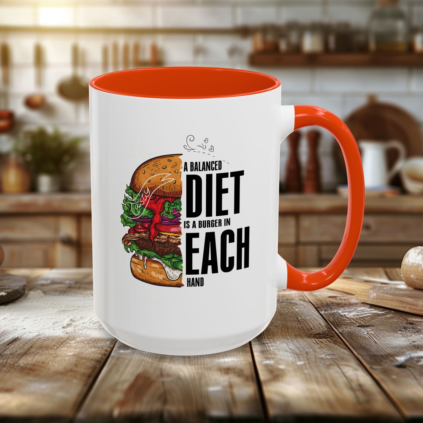 colorful mugs (11oz, 15oz) - a balanced diet is a burger in each hand - funny food quote