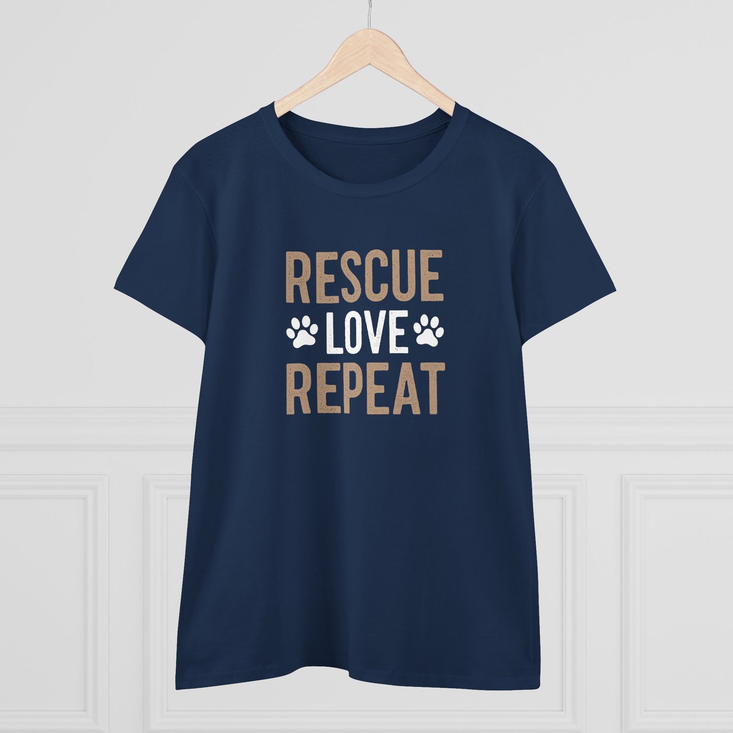 women's midweight cotton tee - rescue love repeat | funny dog lover gift | cute pet quote design