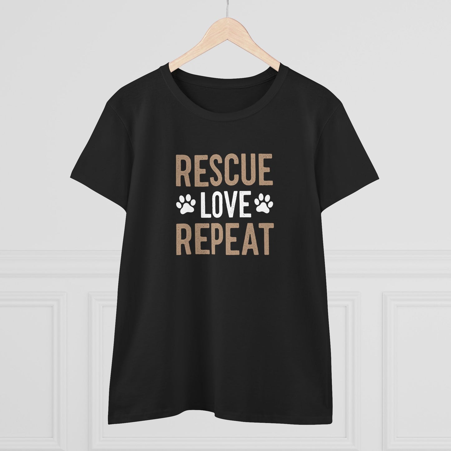 women's midweight cotton tee - rescue love repeat | funny dog lover gift | cute pet quote design
