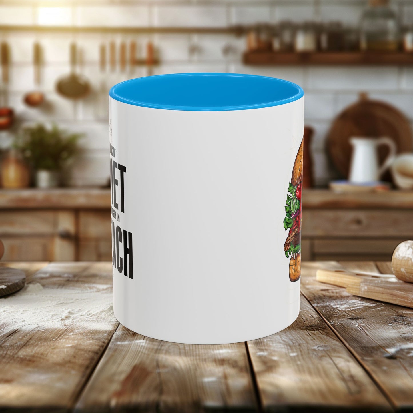 colorful mugs (11oz, 15oz) - a balanced diet is a burger in each hand - funny food quote