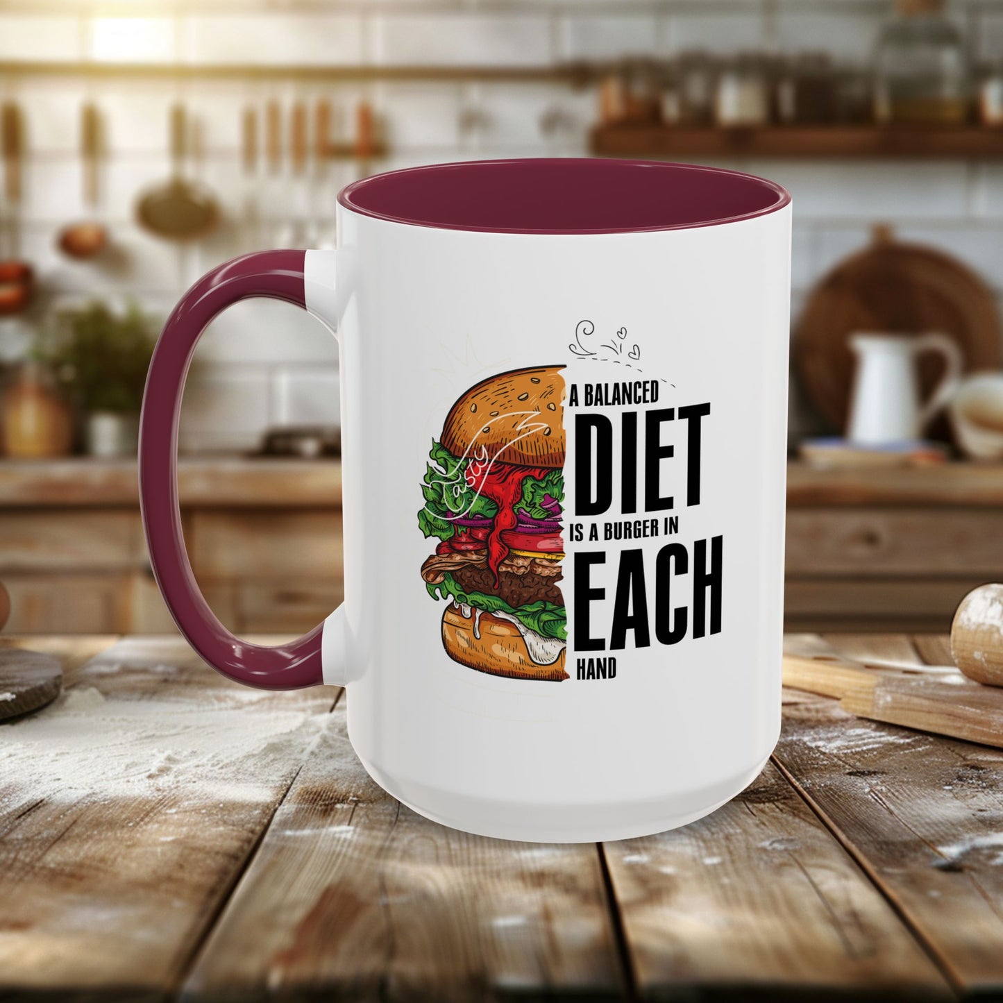 colorful mugs (11oz, 15oz) - a balanced diet is a burger in each hand - funny food quote