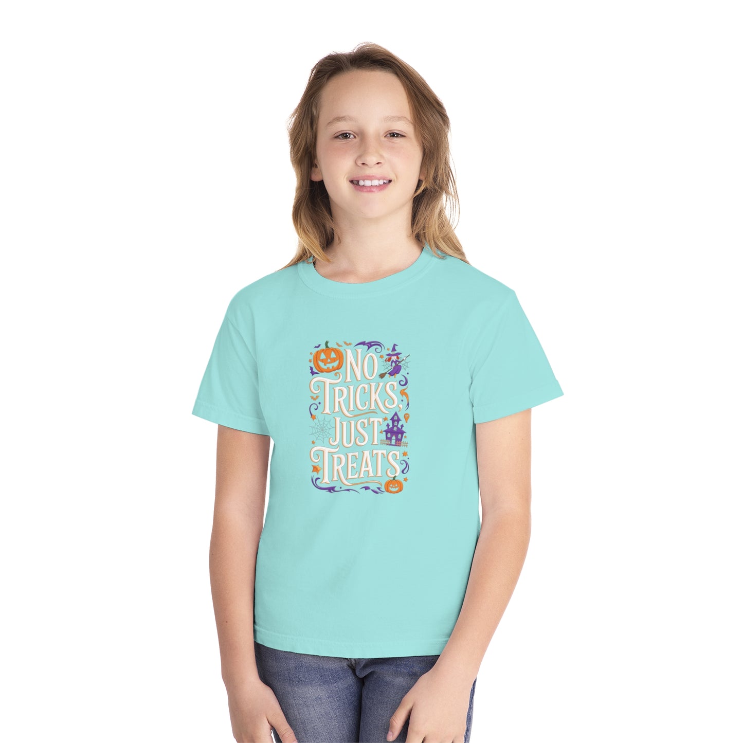 youth t-shirt, youth halloween t-shirt, no tricks just treats!