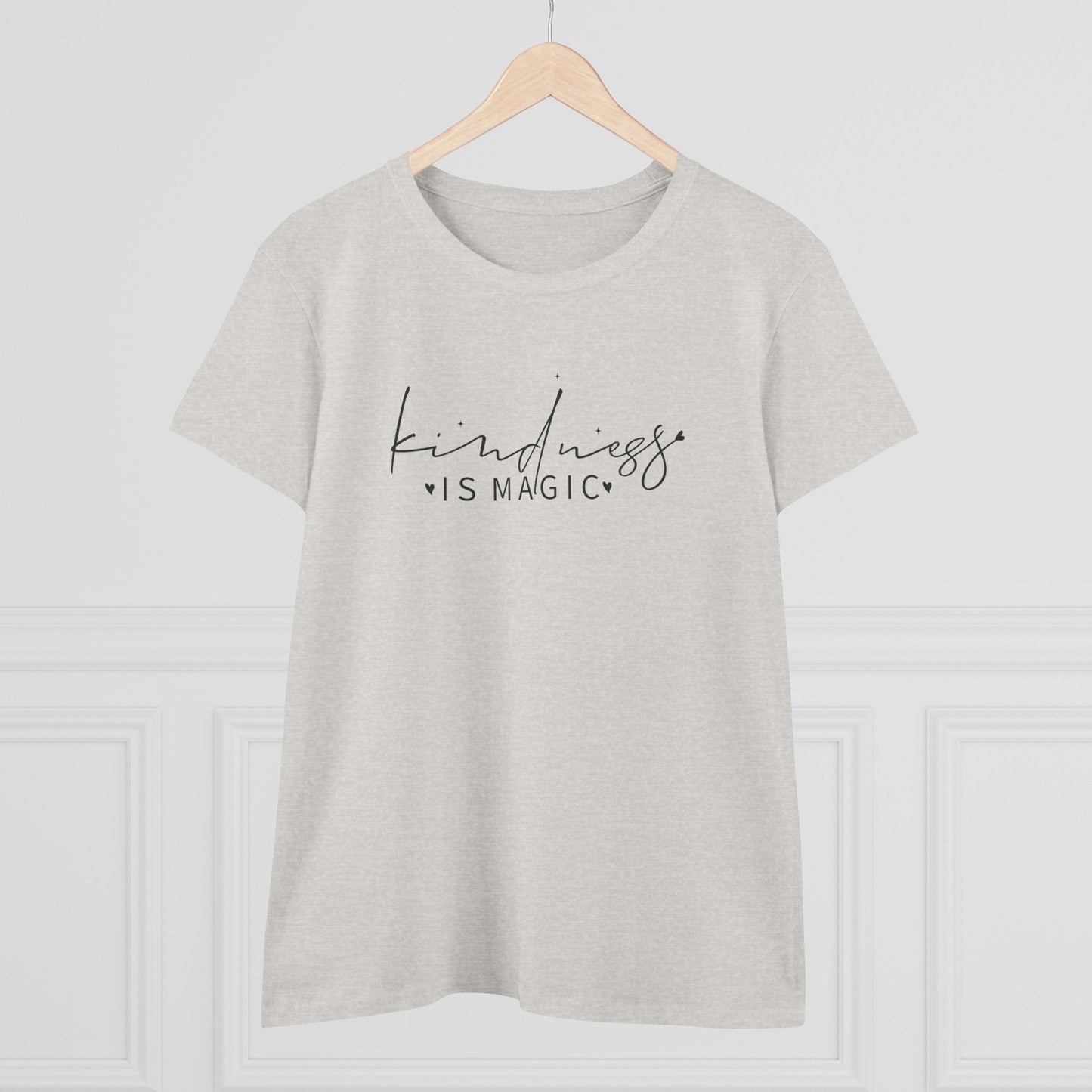 women's midweight cotton tee - kindness is magic - whimsical positive quote