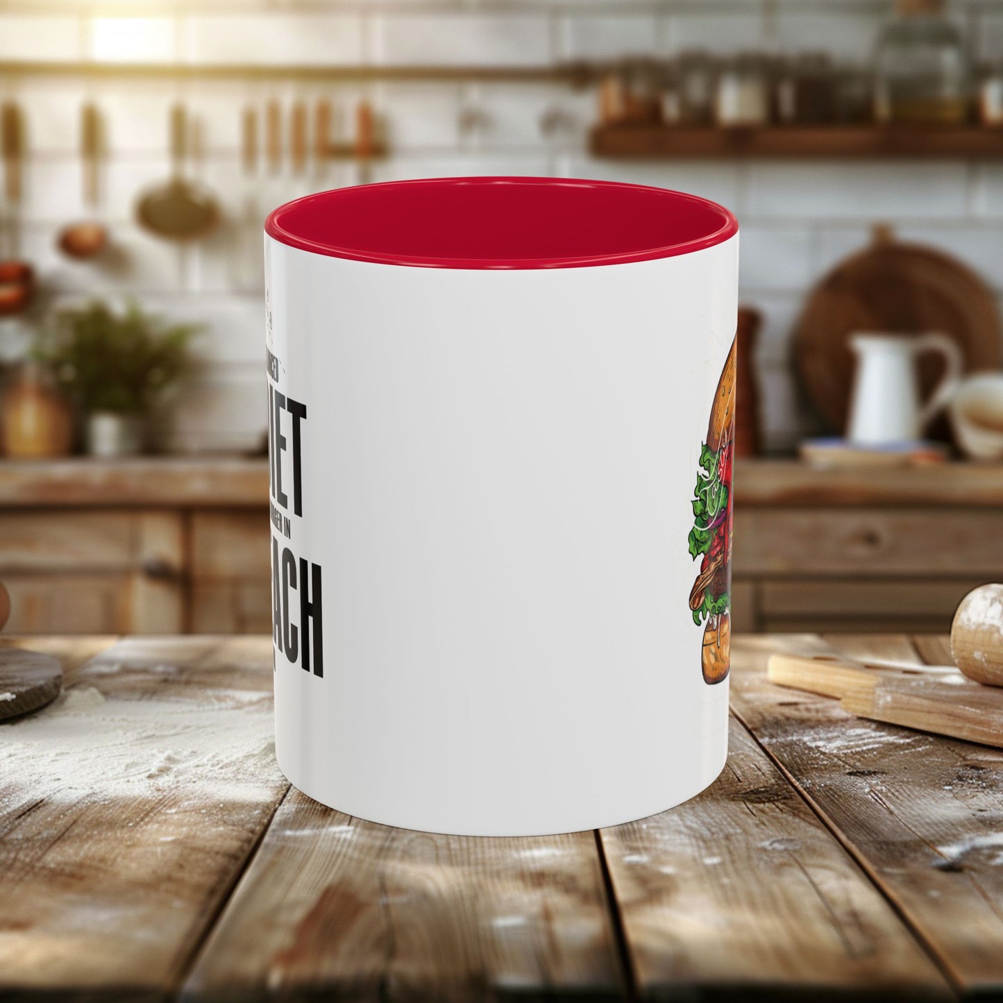 colorful mugs (11oz, 15oz) - a balanced diet is a burger in each hand - funny food quote