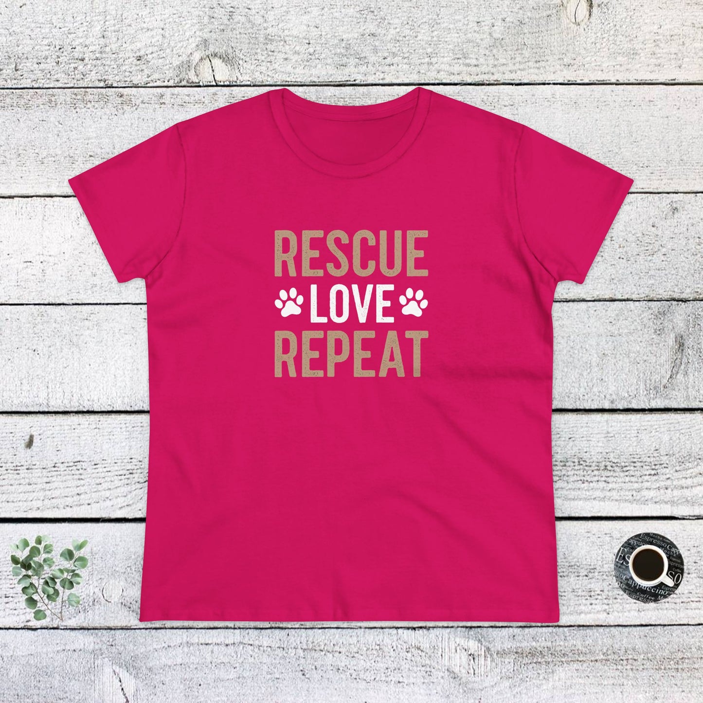 women's midweight cotton tee - rescue love repeat | funny dog lover gift | cute pet quote design