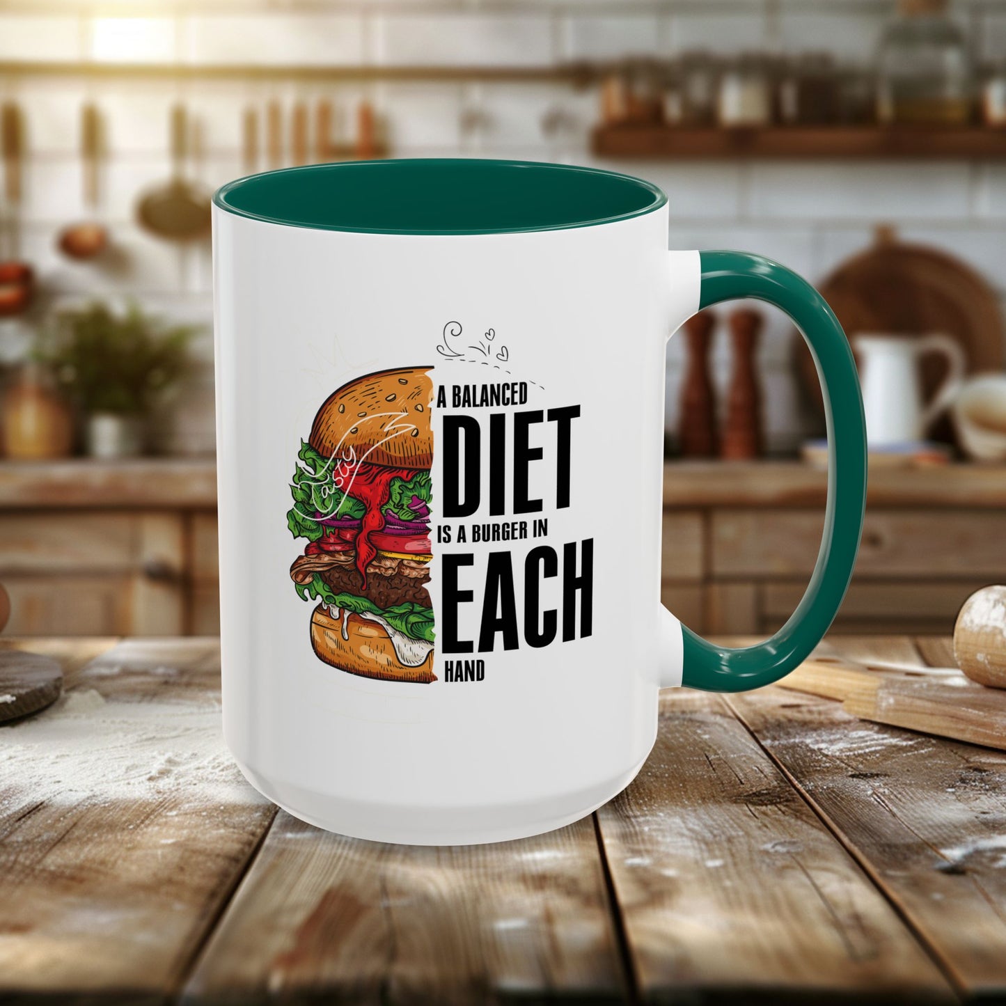 colorful mugs (11oz, 15oz) - a balanced diet is a burger in each hand - funny food quote