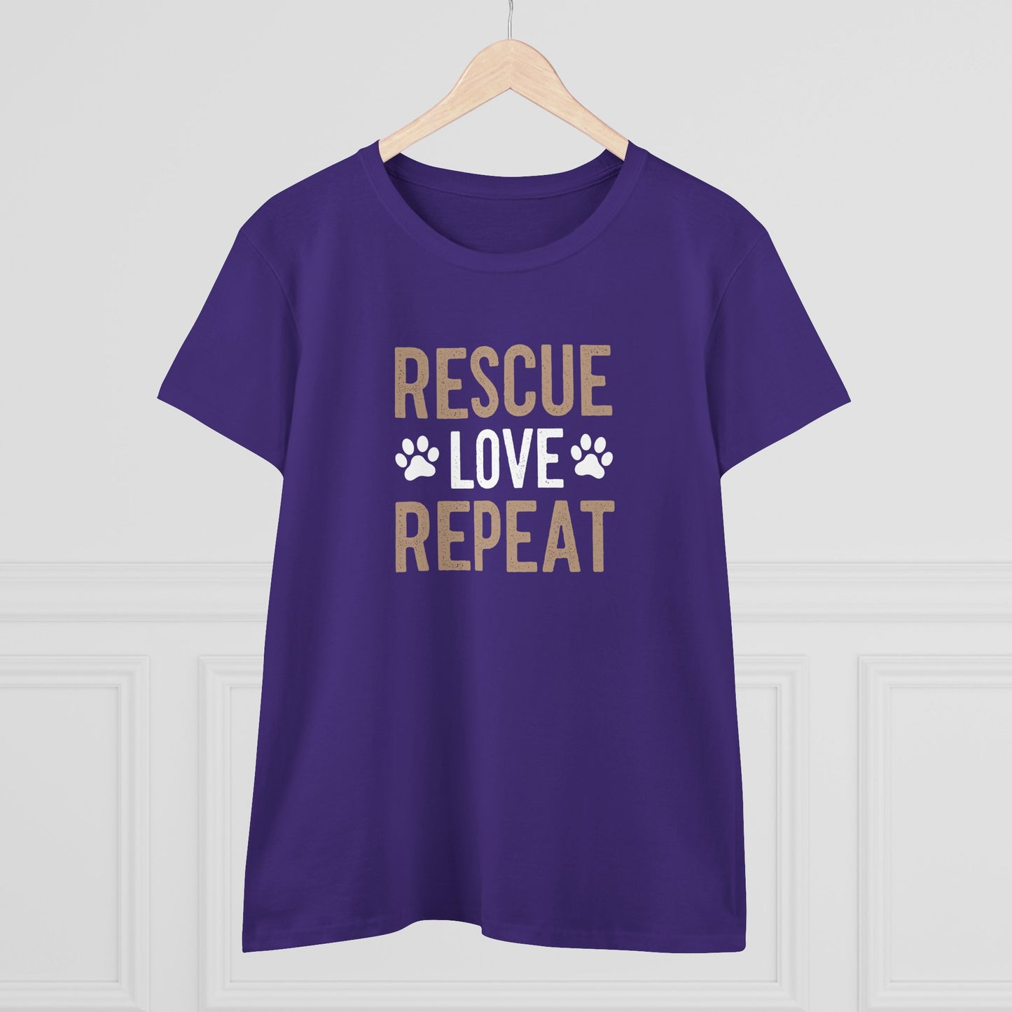 women's midweight cotton tee - rescue love repeat | funny dog lover gift | cute pet quote design