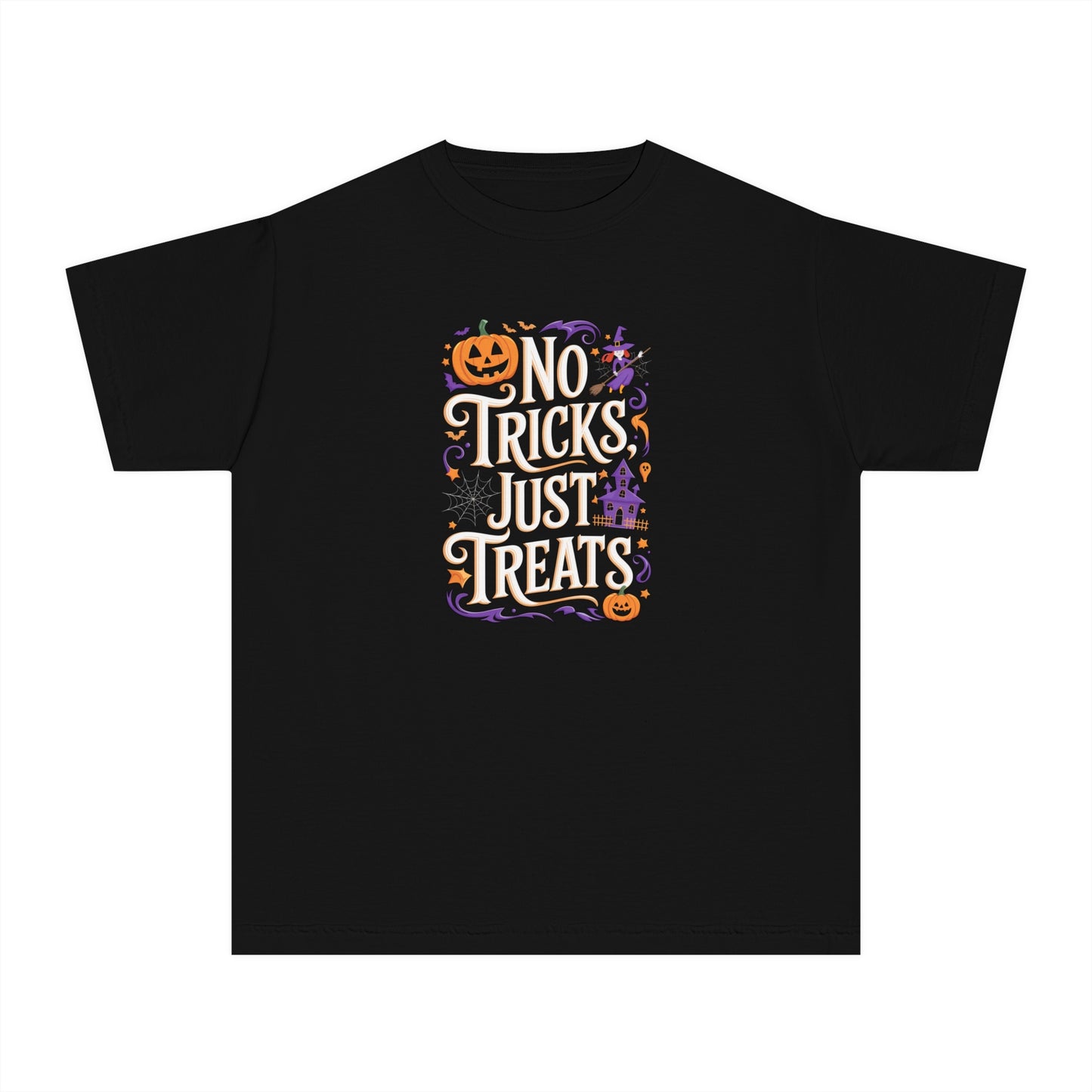 youth t-shirt, youth halloween t-shirt, no tricks just treats!