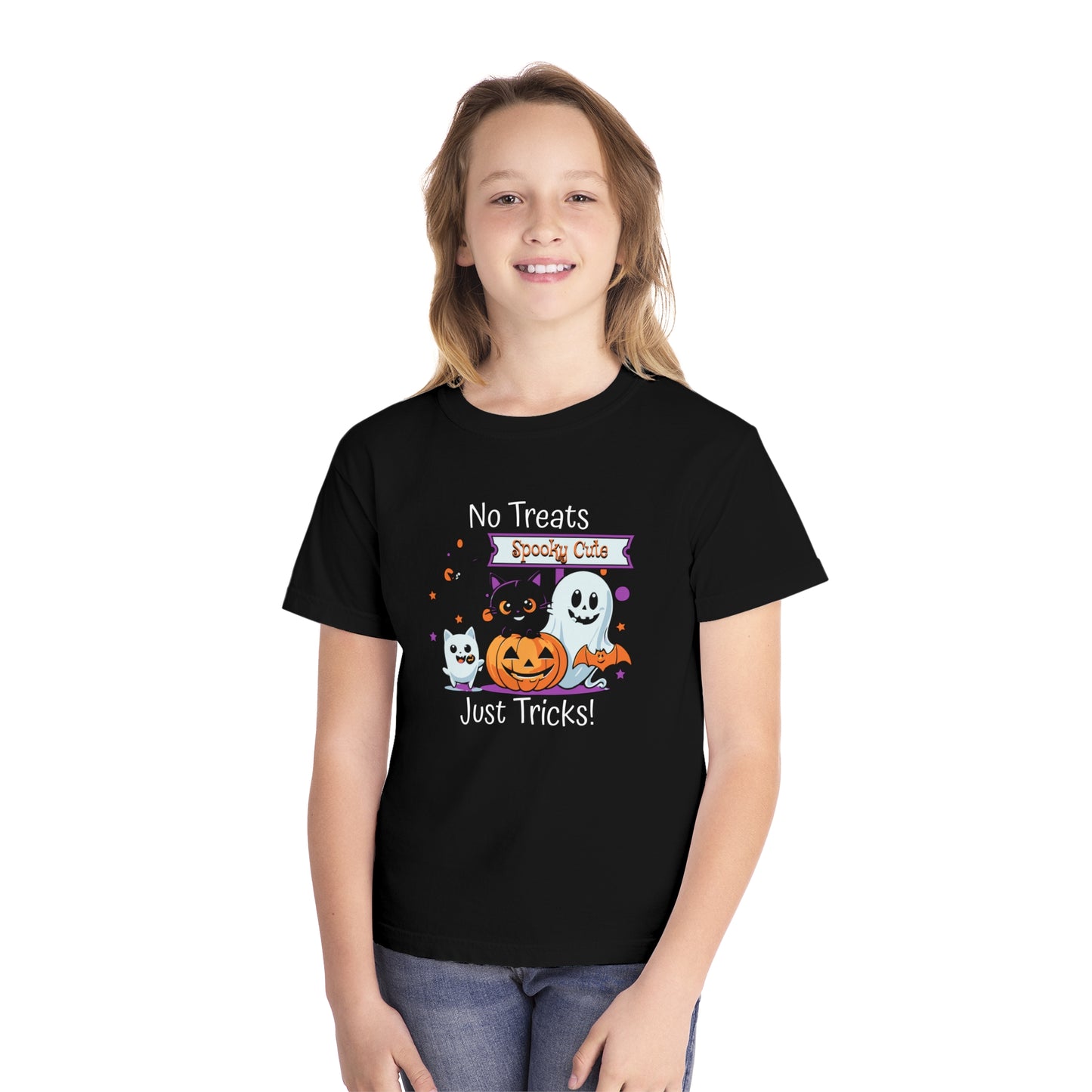 youth t-shirt, youth halloween t-shirt, no treats, just tricks!