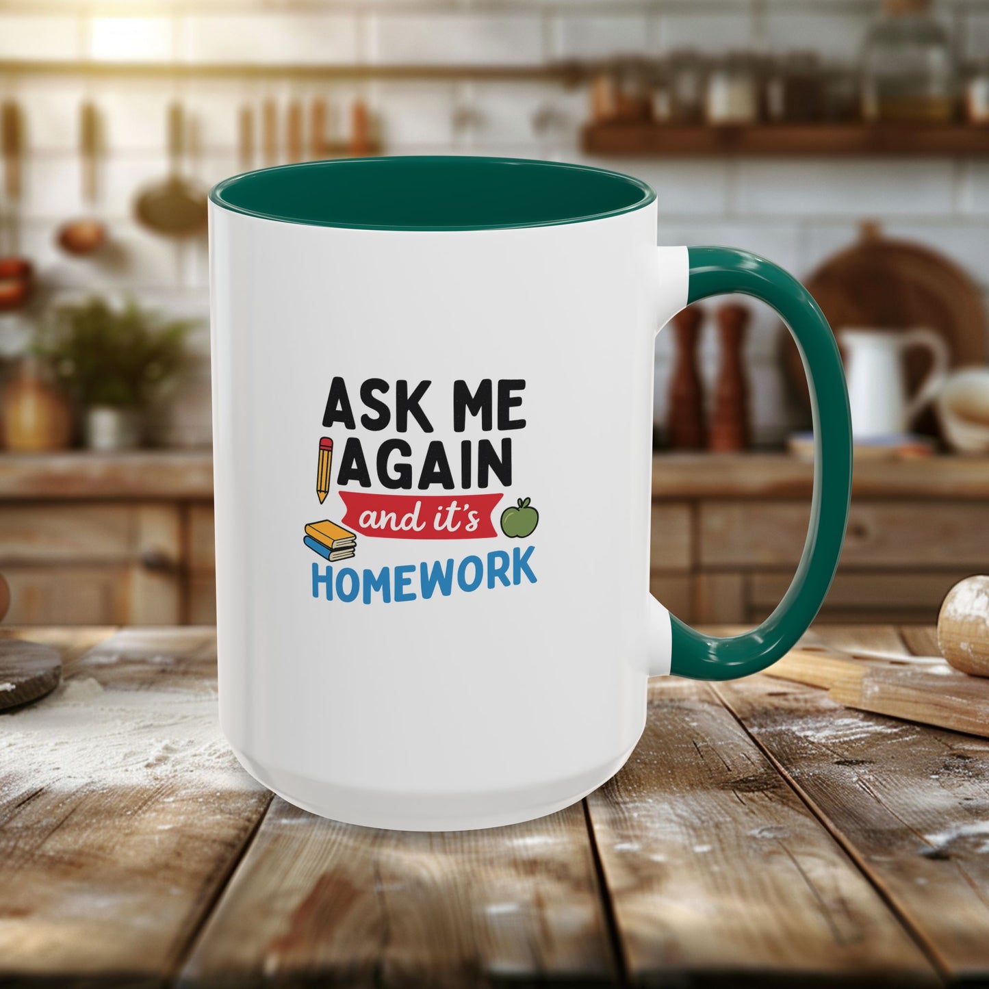 colorful 'ask me again, it's homework' mug - perfect for students. teachers with attitude.