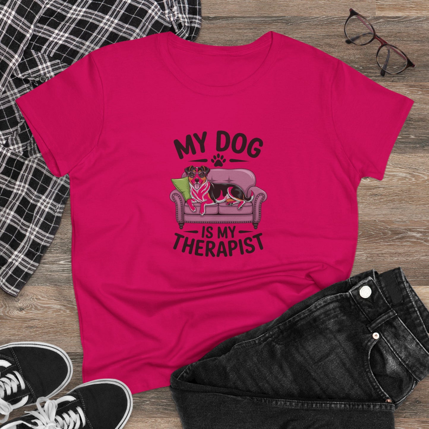 women's midweight cotton tee - my dog is my therapist | funny dog lover gift | cute pet quote design