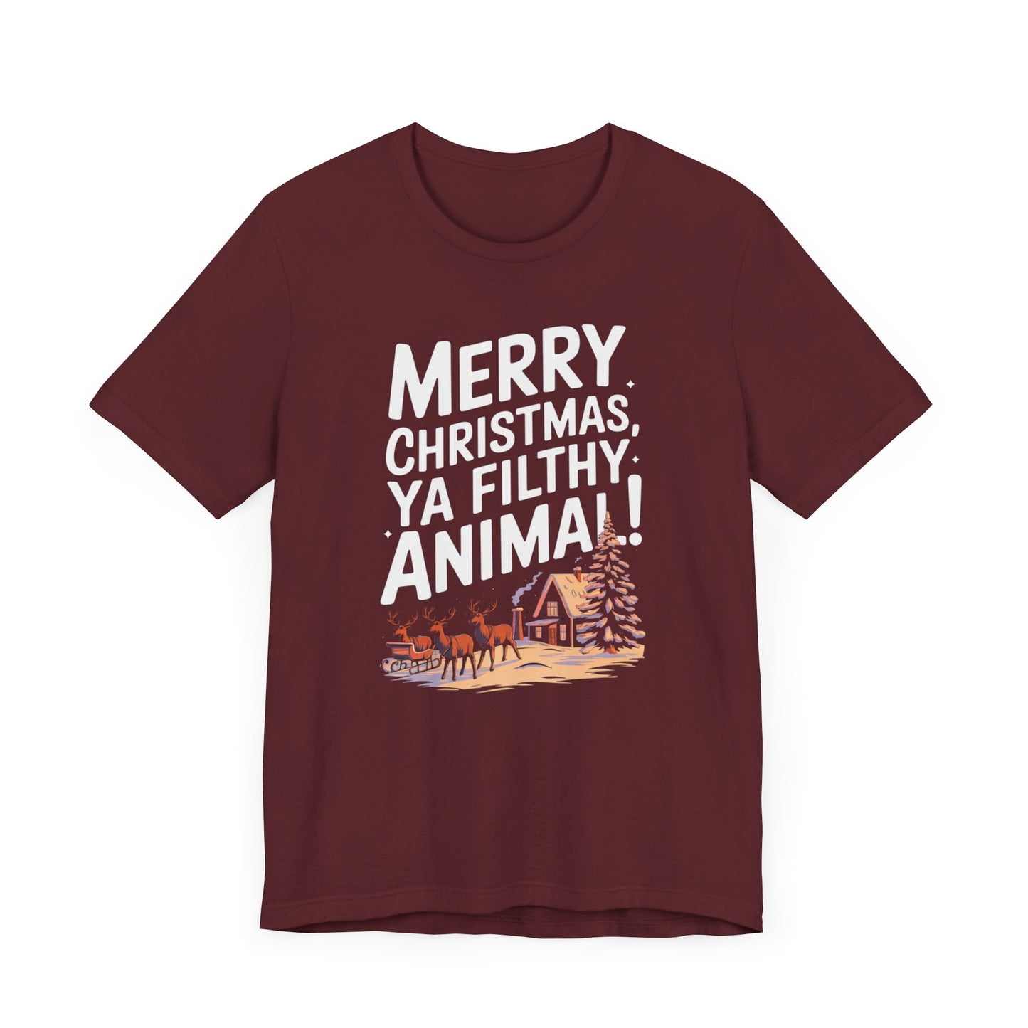 men & women christmas t-shirt. merry christmas ya filthy animal. unisex christmas t-shirt.