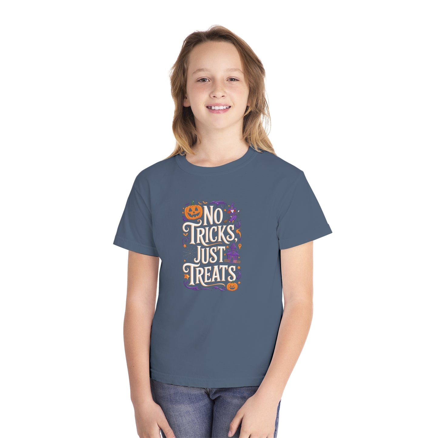 youth t-shirt, youth halloween t-shirt, no tricks just treats!