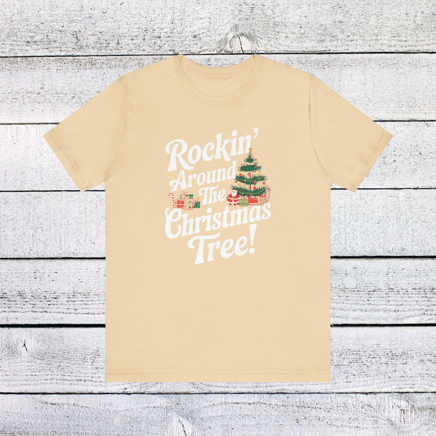 men & women christmas t-shirt. rocking around the christmas tree. unisex christmas t-shirt.